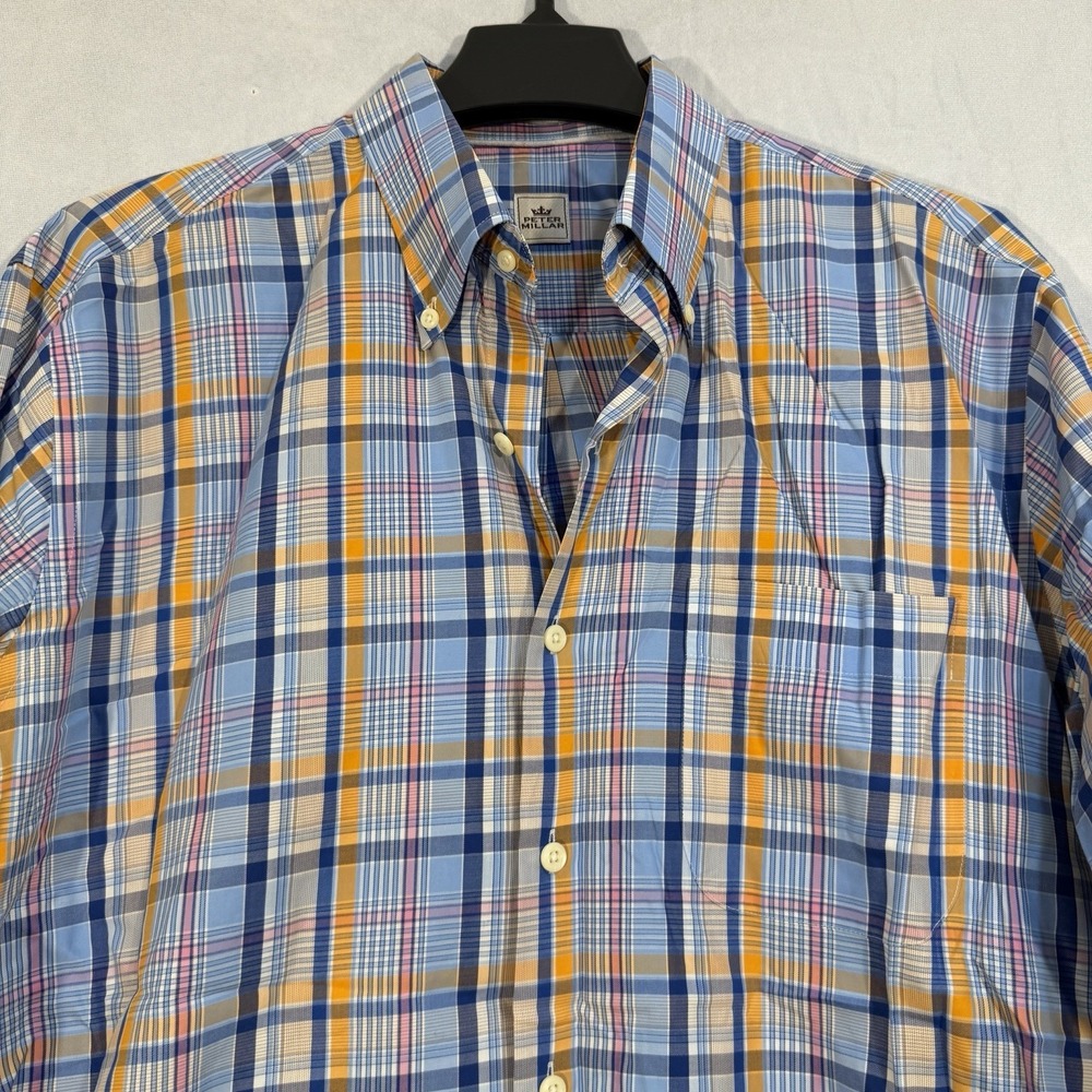 Peter Millar Men's XL Long Sleeve Button Up Blue Plaid Striped Shirt Preppy